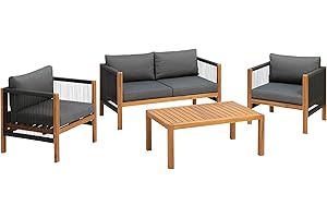 Greemotion Conjunto Muebles de Jardín Abaco, Juego de Sofá Exterior de Madera de Acacia para 4 Personas, Mesa, Sofá, 2 Sillones con Cojines, Color Madera/Gris/Negro