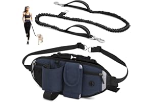 VOBUKE Laisse pour Chien Main Libre, Élastique Absorption de Choc Ceinture Chien Jogging avec Sac Banane Réglable Coutures Réfléchissante Laisse Chien Main Libre (Bleu)