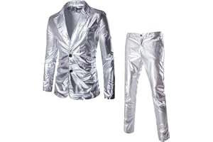GENERISCH Herren 2-Teiliger Glänzender Anzug Night Club Metallic Moto Style Blazer Anzüge 2 Knopf Smoking Party Disco Jacken Und Hose Set (XL,Silber)
