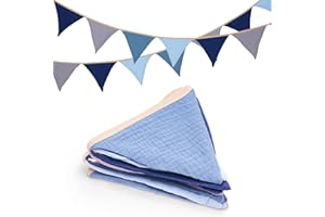 jijAcraft Łańcuch chorągiewek do pokoju dziecięcego, dwustronny materiał, łańcuch proporczyków z muślinu, bawełna, 2,8 m, niebiesko-szara, dekoracja do pokoju dziecięcego, dla dziewcząt i chłopców, na