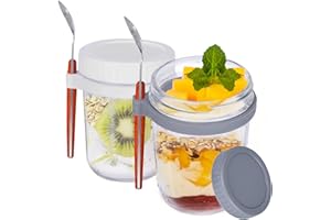 MLRYH Overnight Oats Jar, 2Pcs 350ml Tarros de Cristal con Tapa y Cuchara Tarros de Yogur con Medidor Mason Jars Para Ensaladas Leche Cereales Fruta etc