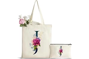 HAMATATA Cadeau Femme Sac Fourre-Tout avec Initiale Fleur, Personnalisés Sac en Toile en Coton Trousse de Maquillage, Cadeaux de Mariée, Cadeau Parfait pour Amie, Mères pour Anniversaire Mariage Voyage Noël