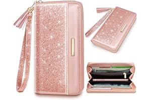 COCO ROSSI Wallets for Women Pink Glitter Leather Card Holder Organizer Ladies Clutch with Tassel Wristlet Wrist strap