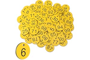 Tenare 100 Stück Kunststoff Nummernschilder 1–100 Zahlen Schlüsselanhänger Wasserdichte Kleine Plastik Nummerierte ID Anhänger mit Loch für Garderobe Auto Gepäck, Ohne Schlüsselringe (Gelb, Schwarz)