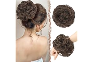 FESHFEN Moños Postizos, Natural Rizado Ondulado Postizo Moño Sintético Extensiones de Cabello Pelo Desordenado Coleta Postiza para Mujer 55g, Castaño claro y rubio