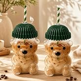 2 Adet Ayıcıklı Mika Barista Bardak, 500 ml Kapaklı Pipetli Soğuk Kahve ve Soğuk İ&ccedil;ecek Bardağı
