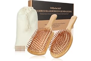 Wilhelm Sell® Set da 2 spazzole in bambù con setole naturali – Spazzole paddle ecologiche per donna, uomo e bambino – Massaggio alla cute per capelli sani (Spazzola piatta/spazzola per capelli)