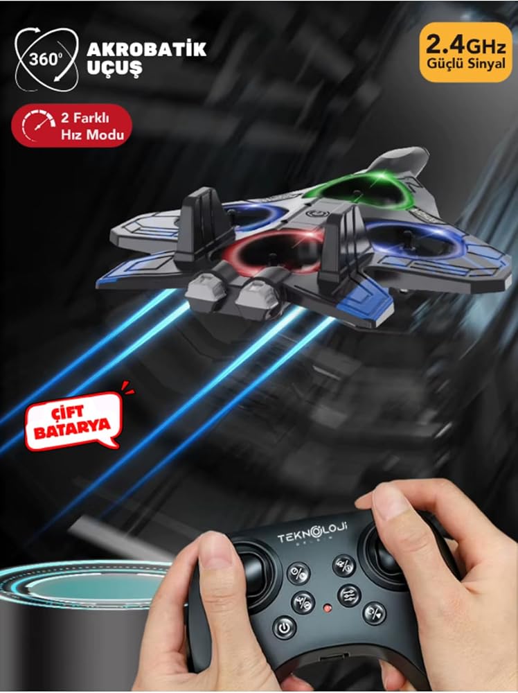 Mini Drone Savaş Uçağı Çocuk Drone | 360° Uçuş, Tek Tuş Kalkış, Uzaktan Kumandalı, Çift Bataryalı
