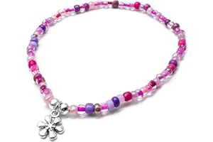 VILDA JEWELLERY Daisy Flower Charm Beaded Anklet Pink and Purple Glass Seed Bead Mix with Silver Tone Charm : Size M/L 10 inches, Beach Boho Surfer Floral Jewellery for Women