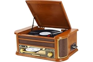 MUSITREND Tocadiscos de Vinilo Vintage Bluetooth inalámbrico de 3 velocidades con Radio fonógrafo Am/FM con Conector de 3,5 mm, CD/Cassette, Entrada Auxiliar/Salida RCA, reproducción USB