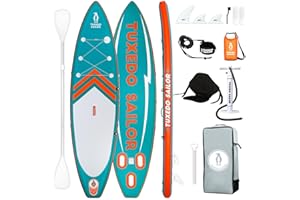 Tuxedo Sailor Inflatable Stand Up Paddle Board SUP Yoga Board Complete Accessories Adjustable Paddleboard, Pump, ISUP Travel Backpack, Mobile Phone Waterproof Bag, Fin, Paddling Surfboard