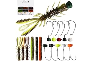 Dovesun Ned Rig Jigköpfe, Ned Rig Haken mit weichem Köder-Set, Unkrautloser Jigkopf, schwimmende Angelwürmer, Krebsköder, Pilzköder, Jigköpfe für Barschangeln, Ned Rig-Set, 80 Stück