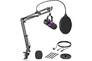 TECURS Micro Gaming Kit - Micro Condensateur RGB avec Bras et Support Bureau, Bouton Silence, Contrôle de Gain, USB Microphone pour Podcast, Streaming, Enregistrement Musique, Android/Mac /PS4/PS5
