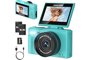 Nsyee Digital Camera, 5K 75MP Cameras for Photography with WiFi, 18X Zoom Photo, Autofocus Compact Camera, 3 Inch 180° Flip Screen, with 64GB Card, Vlogging Cameras Gift for Teens, Beginners, Blue