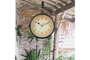 NEWIMAGE Horloge D'extérieur Double Face Horloge de Station en Métal Horloge Murale à Suspendre Rétro Horloge de Jardin Ronde Décor Horloge avec Support Mural pour Extérieur Chambre Maison Extérieur