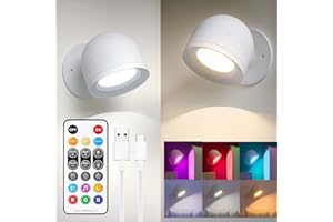 RINFENCY 2PCS Rechargeable Wall Lights Indoor, RGBCW Battery Operated Wall Lamp with Remote and Touch Control, Dimmable Wireless Cordless Wall Sconces for Bedroom Bedside Reading Living Room Picture (White)