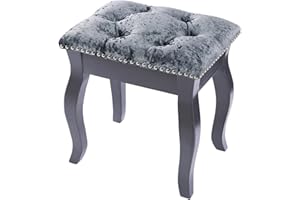QIVANGE Velvet Dressing Table Stool, Vintage Vanity Stool Chair for Bedroom Dressing Table, 24D Padded Cushion Makeup Chair 40cm(Length) x 30cm(Width) x 45cm(Height) (Grey Wood Legs)