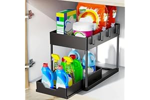 Ribech Organizzatore Sottolavello a 2 Livelli con Cassetto Scorrevole, Ripiano Multiuso per Cucina e Bagno, Facile Montaggio e Design Igienico, Nero