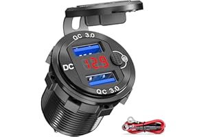 QIDOE Presa USB 12V, Quick Charge 3.0 Caricatore Auto in Alluminio per Cellulare con Voltmetro Rosso e Interruttore a Pulsante, Adattatore Accendisigari 12V Impermeabile per Auto Moto Camper Barca Ecc.