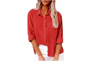 HAOLEI Chemise Femme Coton Et Lin Chemisier Col en V Bouton Manches Longues Tops Couleur Unie LâChe Respirant T-Shirts Grande Taille Pas Cher Casual Coton Lin Tunique Blouse