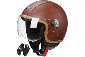 JIANJUD Casco In Pelle Marrone 3/4, Casco Moto Retrò Omologato ECE Casco Mezzo Casco Elettrico Anticollisione Chopper Per Bicicletta Casco Modulare Stile Jet Per Adulti Unisex A,XL