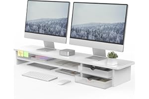 ‎FENGE Fenge Dual Monitorständer Riser mit 2 Acryl Schubladen 108cm Große Computer Bildschirmständer für PC/Laptop/Fax/Drucker/TV Bildschirm,Weiß