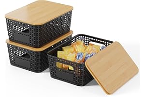 Shrivee 3PCS 5L Cajas Almacenaje con Bambú Tapa Apilables Cesta de Almacenamiento para Baño Armarios Cocina Storage Ropa Zapatos Juguetes (Negro)
