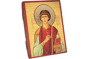 NKlaus Heiliger Pantaleon, Christliche Holz Ikone versiegelt 16x12,5cm handarbeit 37042
