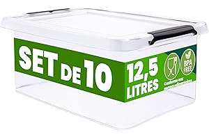 Deuba® 10x Boîte de rangement 12,5L en plastique transparent empilable sans BPA gain de place caisse de rangement organiseur