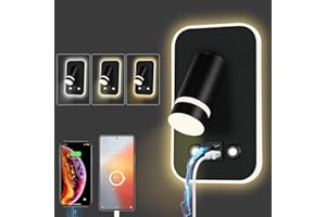 HUIZHOU Leselampe Wandmontage LED Wandleuchte Touch Control 3 Farbtemperaturen Und 12W USB Ladeanschluss 350° Drehbares Bett Leselicht Wohnzimmer und Schlafzimmer (Rechteck schwarz)