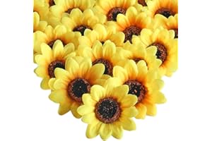 HUAESIN 50pcs Cabeza Girasoles Artificiales Pequeños 7cm Girasoles Falsos Cabeza de Flores Artificiales de Tela Margaritas Amarillas para Boda Partido Decoración Ropa Bautizo Fiesta Manualidades