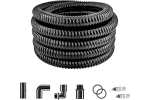 LONGRUN PVC-Teichschlauch, 1,25 Zoll Durchmesser, schwarzer, gewellter, flexibler Gartenschlauch mit Klemmverschraubung, 7,2 Meter Länge