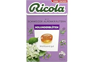 ‎RICOLA Ricola Holunderblüten, 50g Böxli Original Schweizer Kräuter-Bonbons mit 13 Alpenkräutern & fruchtig-blumiger Holunderblüte, zuckerfrei, 1 x 50g, vegan