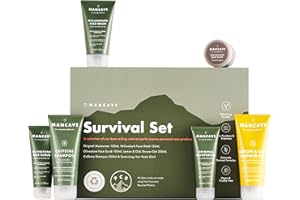ManCave Set de Baño de Supervivencia Regalo Hombre – Bolsa de Aseo Hombre con 6 Esenciales de Cuidado Personal Hombre – Geles de Ducha, Champú, Limpiador, Exfoliante, Hidratante Facial, Crema de Pelo