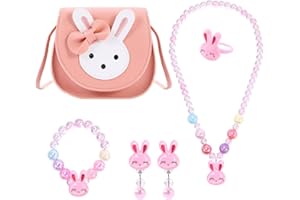 BTHRORO Borsetta per Bambini Set Gioielli,Coniglio Collana Bracciale Orecchini Anelli Principessa Borsa Kit Gioielli per Vesti bene e Giochi di Ruolo Accessori Regalo