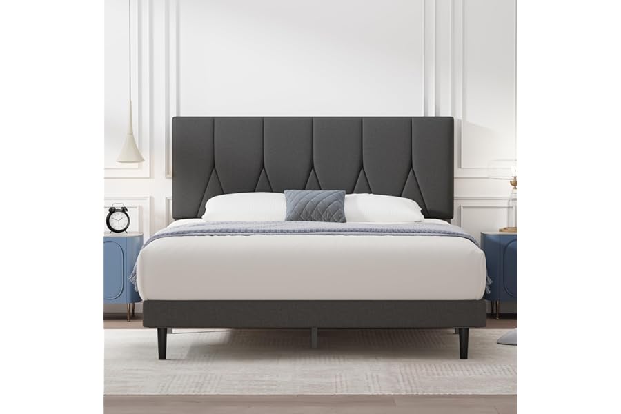 Yocreat Double Bed Frame, Dark Grey, Upholstered Wooden Slat Bed Frame with Headboard, Easy Assembly, Underbed Storage, No Box Spring Needed 135×190