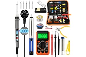 RAYCIAL Soldador estaño, soldador,kit de Soldador 60W,temperatura ajustable 180-500℃,19 in 1 soldador estaño profesional, con multímetro digital,5 puntas de soldador, soporte para soldador, pinzas ect.