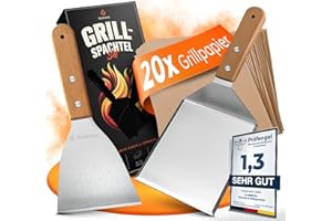 flammtal [Das Original] - Smash Burger Set mit 20x Burgerpapier - Grillspachtel Set aus Edelstahl - Hochwertiger Plancha Spachtel - Grill Spachtel für Teppanyaki - Grill Zubehör - Mit Echtholzgriff