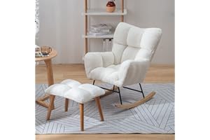 Mbbpftse Rocking Nursing Chairs with Stool -Mid Century Teddy Fabric Tufted Rocking Chair Padded Seat, Leisure Relax Chair for Living Room Bedroom Office Nursery (White)