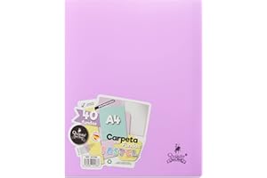 CARPETA CON FUNDAS QUIJOTE PAPER WORLD - Carpeta con fundas PVC, A4, sin espiral, fundas transparentes, colores pastel - 40 FUNDAS LILA