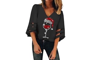 GENERIC Weihnachtsshirt Damen Lustiges Weinglas Muster Weihnachtsbluse Damen Elegant T-Shirt V-Ausschnitt Weihnachten Shirt Pullover Lustig Weinglas Casual Merry Christmas Tunika Bluse Oberteile Tops T-Shirt