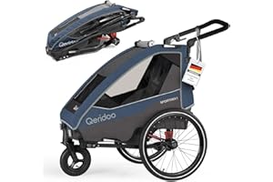 ‎QERIDOO Qeridoo Sportrex 1 Jeans Blue | Fahrradanhänger 1 Kind | Sicher & flexibel | Besonders gut als Trailer | Federung & 3-in-1-Verdeck | Fahrradanhänger Kinder | Fahrrad Anhänger | Kinderfahrradanhänger