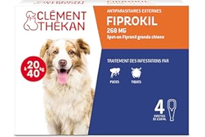Clément Thékan - Anti-puces et anti-tiques pour grands chiens de 20 à 40 kg - 4 pipettes - Solution pour Spot-on Fiprokil 268 mg