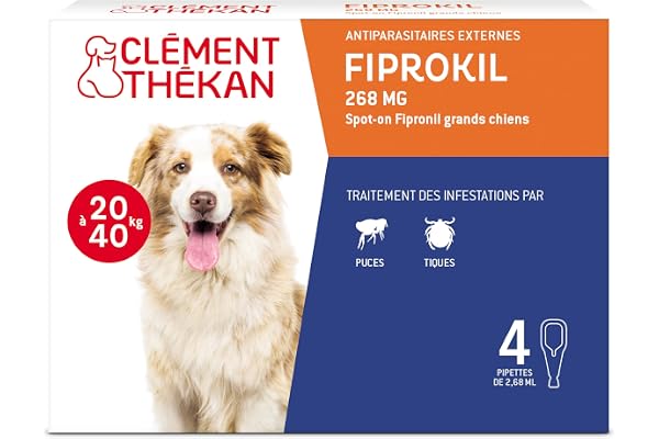Clément Thékan - Anti-puces et anti-tiques pour grands chiens de 20 à 40 kg - 4 pipettes - Solution pour Spot-on Fiprokil 268 mg