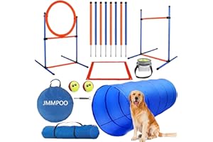 JMMPOO Agility Set Hunde, 65-Teiliges Agility Ausrüstung für Hundetraining Spiele mit Hundetunnel, Hürden, 8 Slalomstangen, Springring, 2 Tennis Ball Spielzeuge, Pause-Box, Leckerlibeutel, Tragetasche