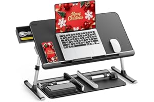 Laptop Bed Table, SAIJI 100% Eco-friendly wooden planks, Laptop Stand with Drawer, Folding Legs, 40kg Load, Angle Height Adjustable, Reading, Eating on Bed, Sofa, Lap Desk (Black 23.6 * 12.6in)