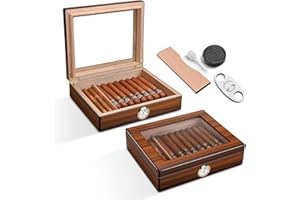 CLZOONG Zigarren Humidor Zedernholz Humidor Zigarrenbox mit Zigarrenabschneider, Befeuchter und Hygrometer, Glasplatte Humidor Case für Zigarrenliebhaber (Small)