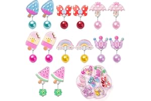MAZYPO Kids Clip On Earrings for Girls, Party Favor Princess Clip-on Earrings for Little Girls Toddler, Cute Rainbow Dangle Earrings, 7 Pairs Dress Up Jewelry Set Gift