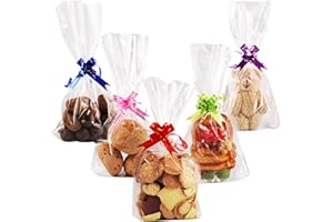 Hemiks 50 Pcs Sachet Bonbon Transparent avec Fond, 15 x 25cm Anniversaire Sachet Plastique avec 50 Nœuds de Couleurs Mélangées pour Emballage Biscuit Chocolat de Noël
