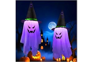Woukksy Halloween Deko,2 Stück 1M Hanging Lighted Glowing Ghost with Einen Hexenhut,herbstdeko,Lila LED Decorations,Halloween deko Outdoor & innen.